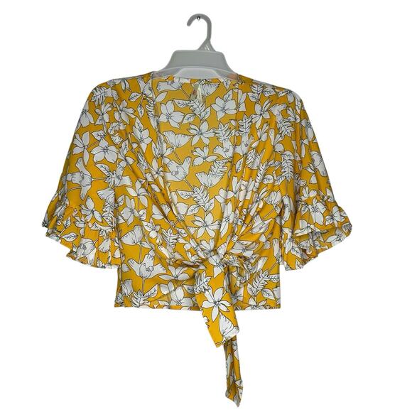 True Destiny Yellow White Floral Ruffle Tie Front Top Blouse Large - Picture 1 of 7